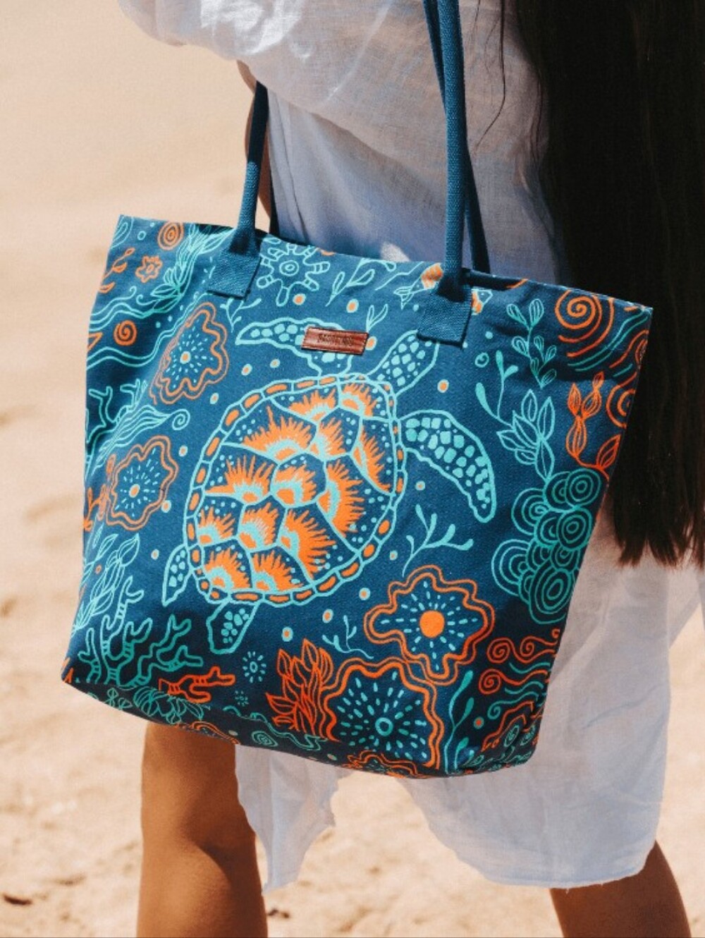 Sand Cloud Reef Turtle Beach Tote Bag Blue Orange Organic Cotton Canvas NWT